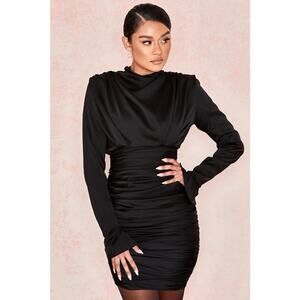 House of CB Giorgiana Pleated Draped Long Sleeve Strong Shoulder Dress Black S